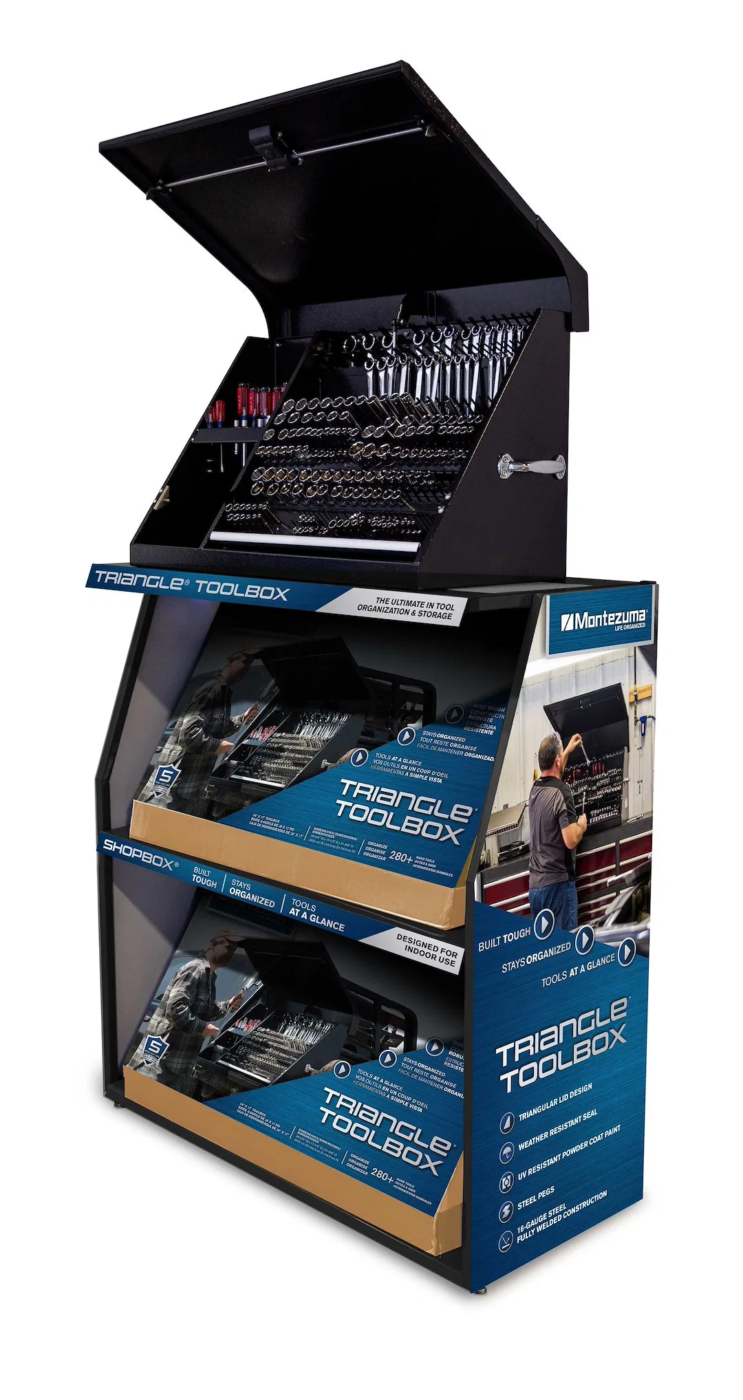 TRD03-L-GRAY – MONTEZUMA Point Of Purchase Display, 3 Tier Triangle Tool Box Display Rack 220 Pound Load Capacity Per...